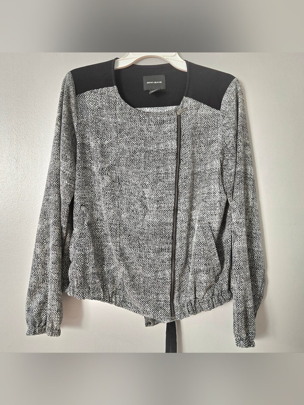 DKNY Jeans Mixed Media Bomber Jacket Womens Asymmetric Zip Tweed Tie Open Back M